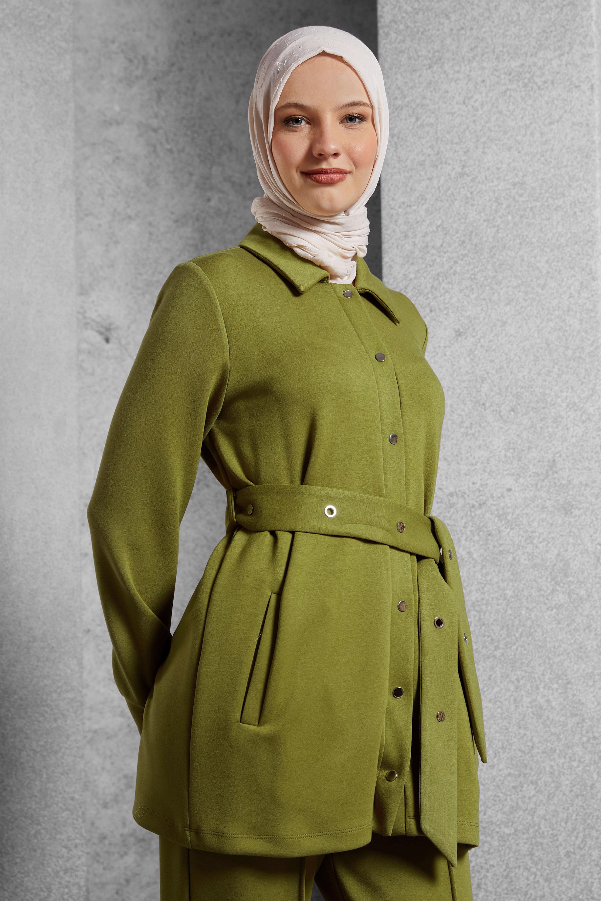 Tesettür giyim YEŞİL PANTOLONLU KUŞAKLI EŞOFMAN TAKIM 45245