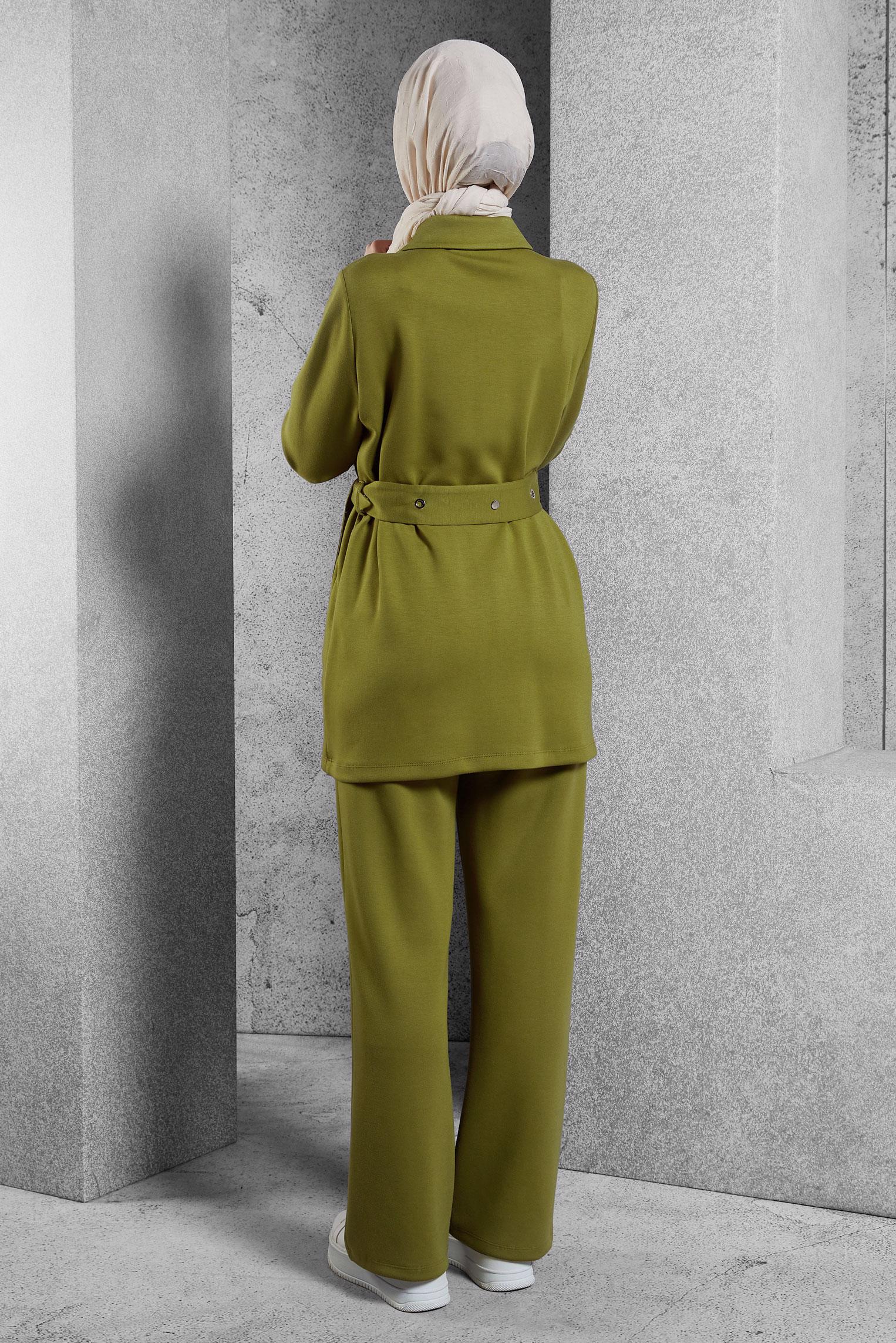 Tesettür giyim YEŞİL PANTOLONLU KUŞAKLI EŞOFMAN TAKIM 45245