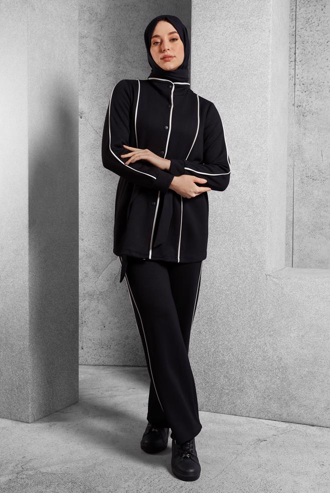 Vêtements hijab NOIR ENSEMBLE DE SURVÊTEMENT CEINTURE 45262 - ALVİNA