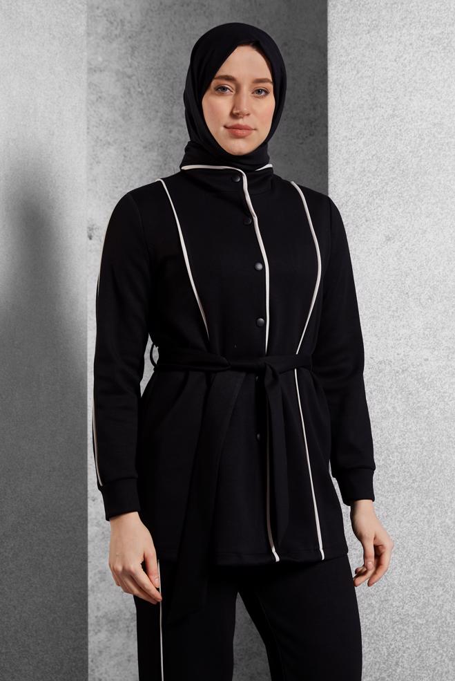 Vêtements hijab NOIR ENSEMBLE DE SURVÊTEMENT CEINTURE 45262 - ALVİNA
