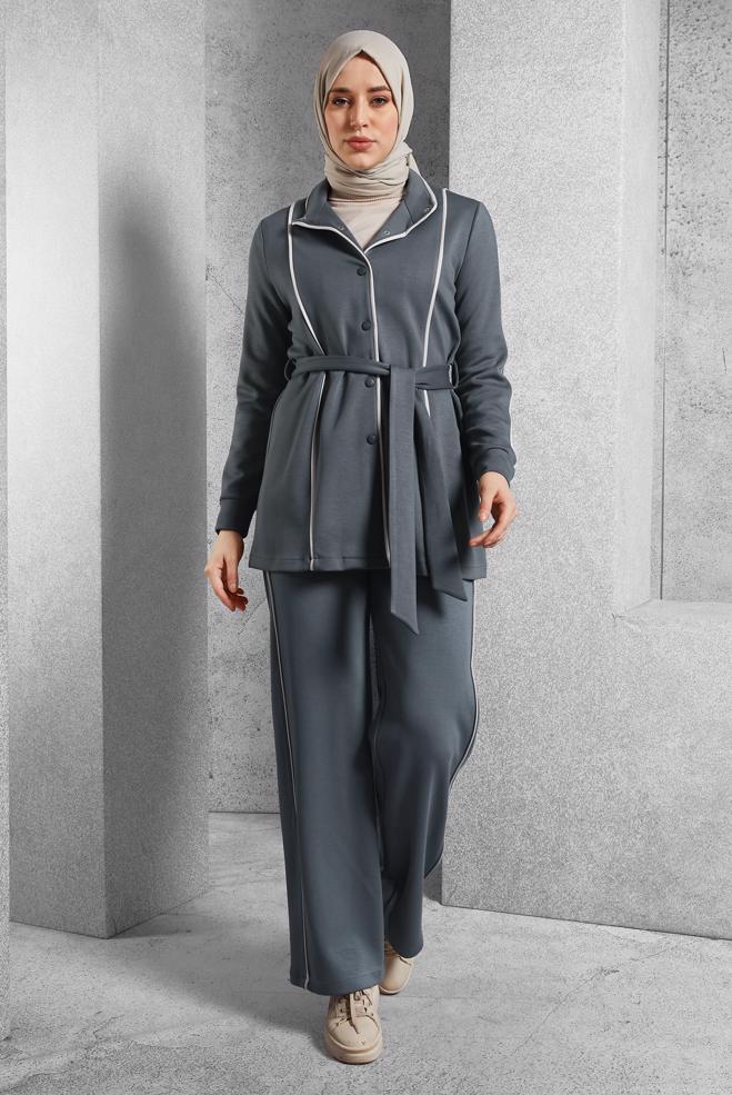 Vêtements hijab GRIS ENSEMBLE DE SURVÊTEMENT CEINTURE 45262 - ALVİNA