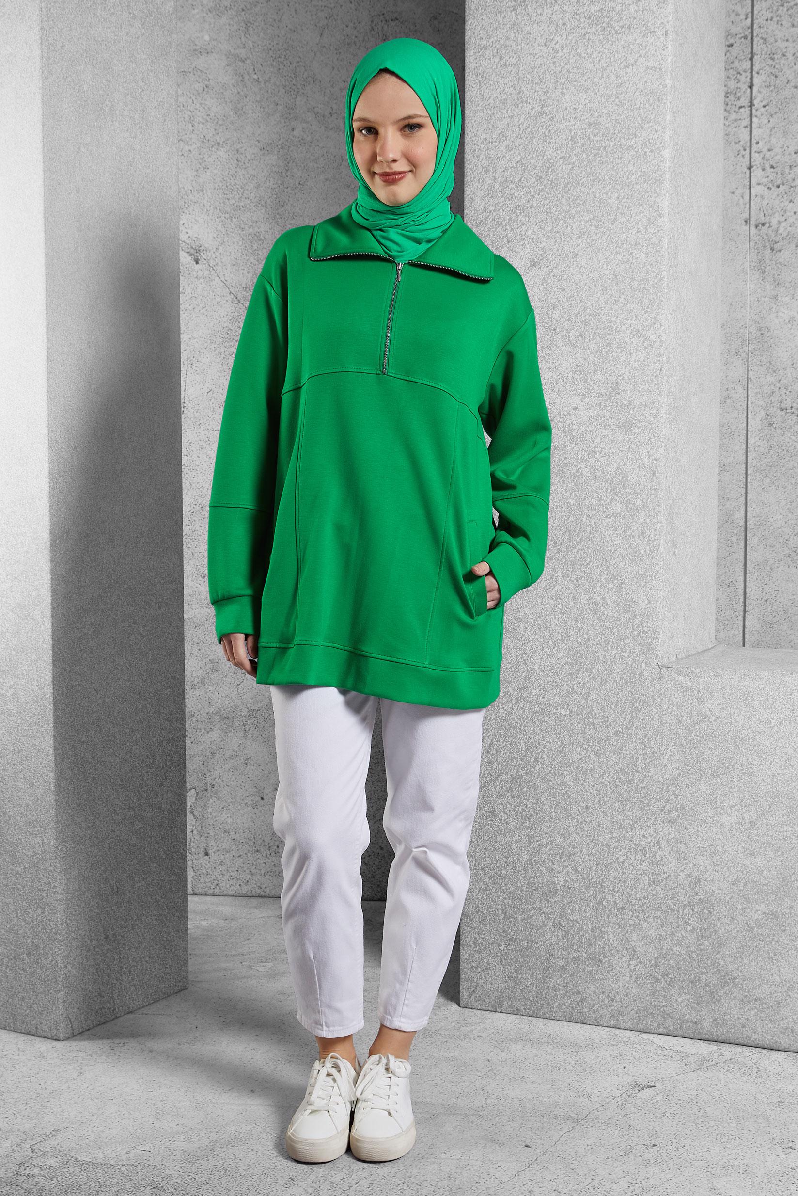 Tesettür giyim YEŞİL YAKASI FERMUARLI EŞOFMAN TUNİK 45264