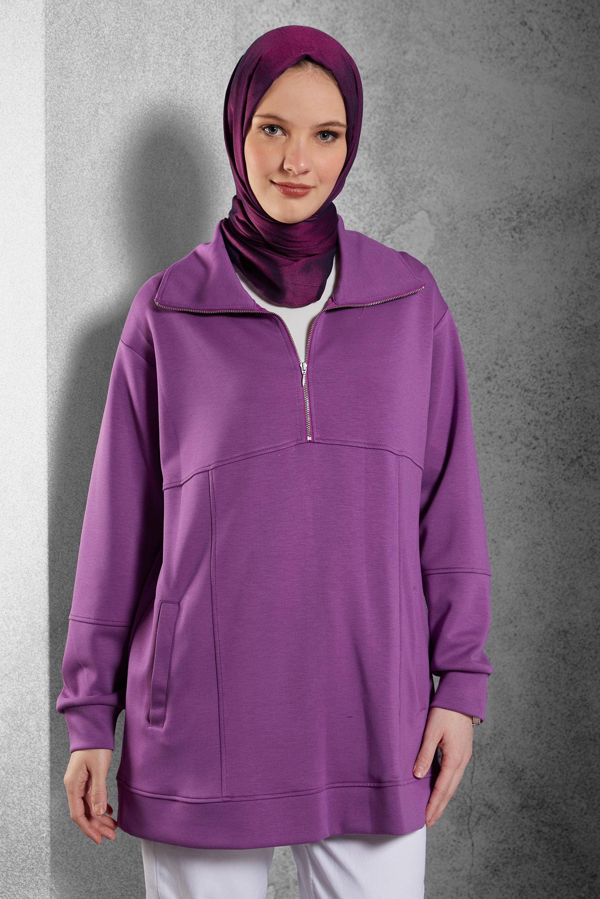 Tesettür giyim MOR YAKASI FERMUARLI EŞOFMAN TUNİK 45264
