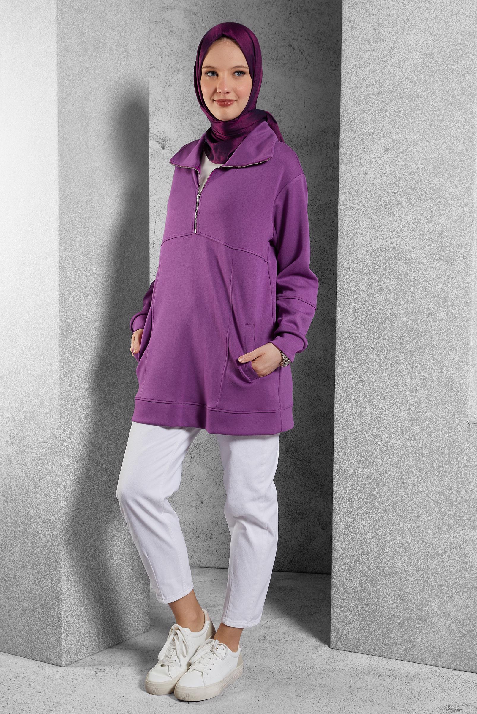 Tesettür giyim MOR YAKASI FERMUARLI EŞOFMAN TUNİK 45264