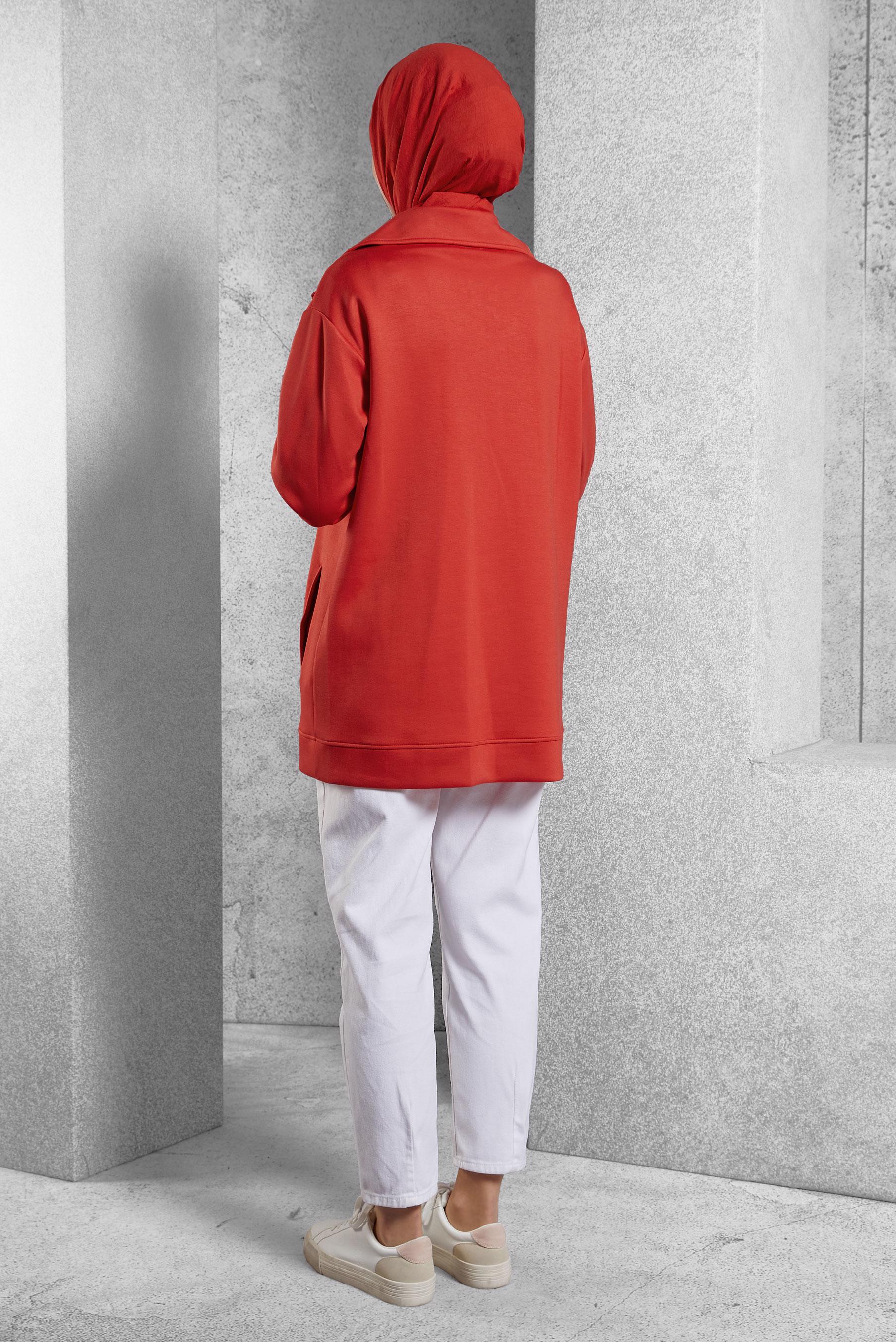 Tesettür giyim KIRMIZI YAKASI FERMUARLI EŞOFMAN TUNİK 45264