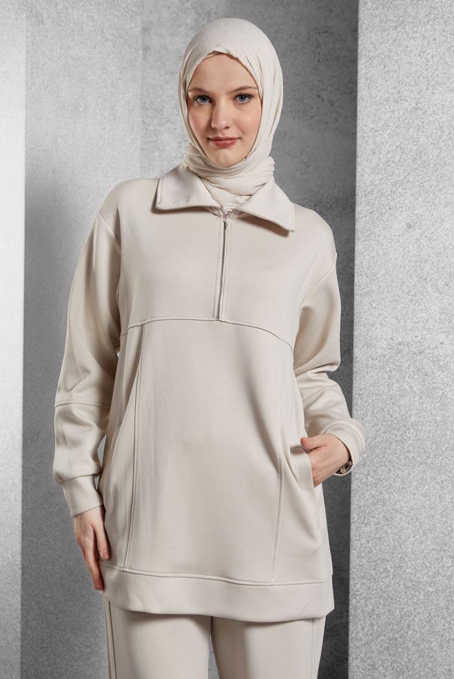 Tesettür giyim EKRU YAKASI FERMUARLI EŞOFMAN TUNİK 45264 - ALVİNA