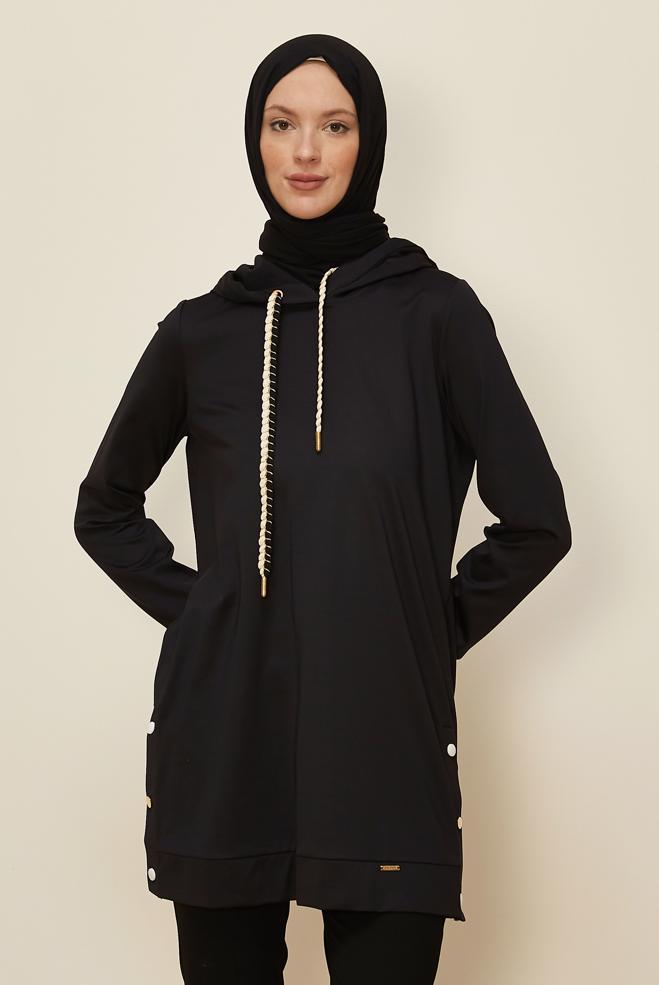Hijab clothing BLACK HOODED TRACKSUIT TUNIC 45265 - ALVİNA