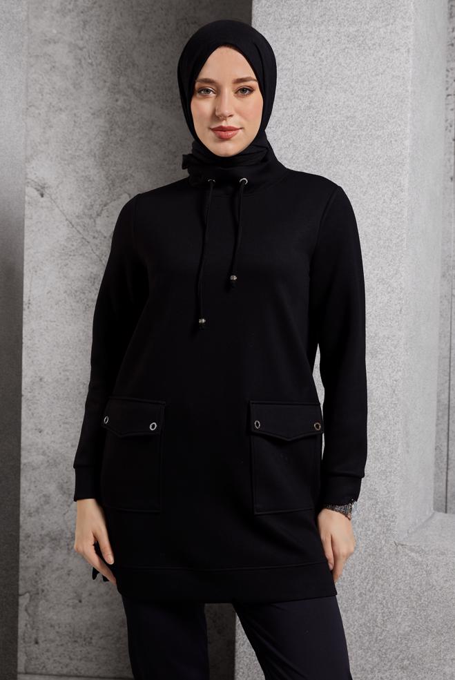 Vêtements hijab NOIR TUNIQUE DE SURVÊTEMENT AVEC POCHE 45266 - ALVİNA