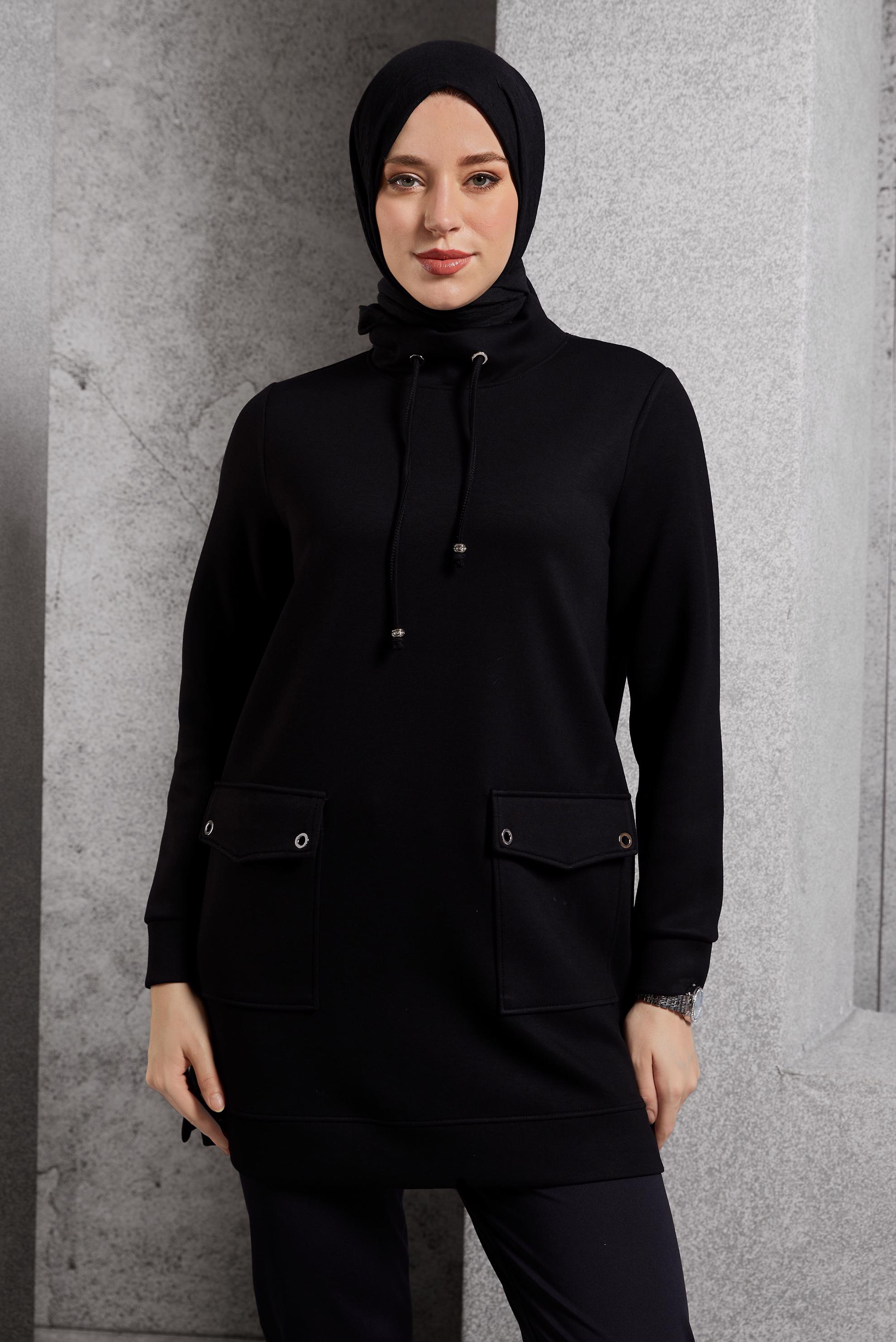 Vêtements hijab NOIR TUNIQUE DE SURVÊTEMENT AVEC POCHE 45266