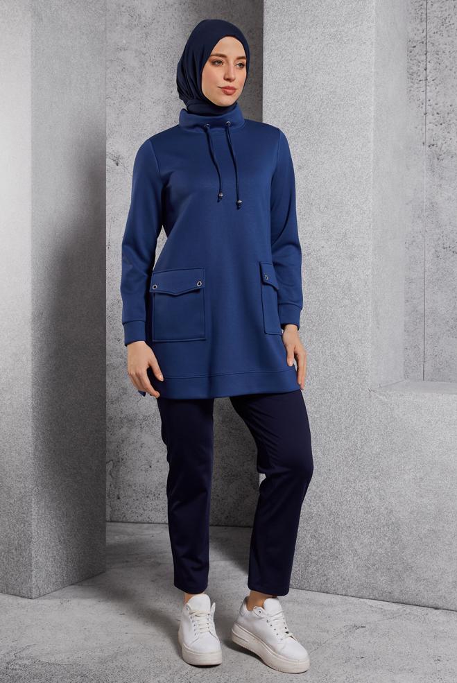 Vêtements hijab BLEU MARINE TUNIQUE DE SURVÊTEMENT AVEC POCHE 45266 - ALVİNA