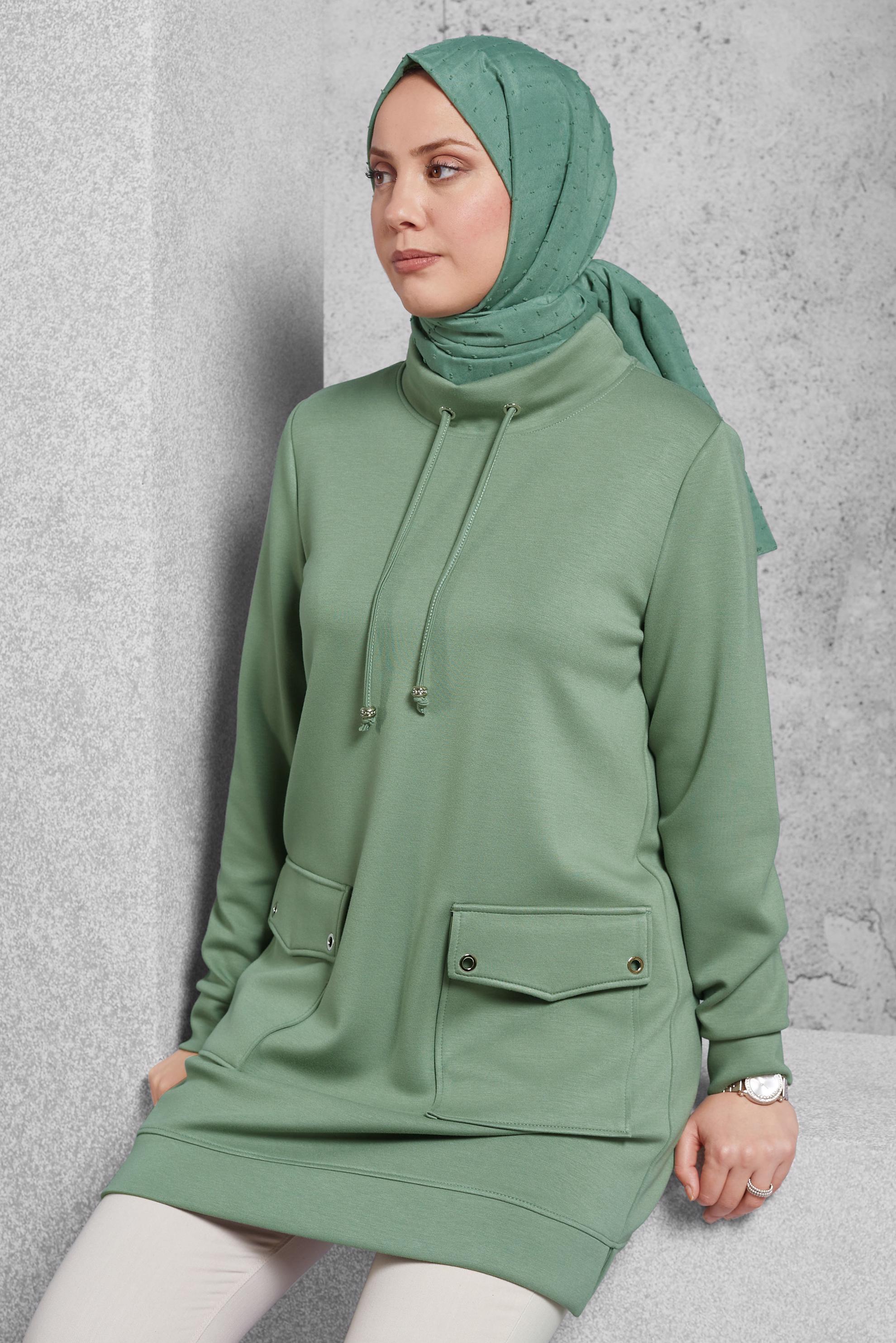 Tesettür giyim YEŞİL CEP DETAYLI EŞOFMAN TUNİK 45266   