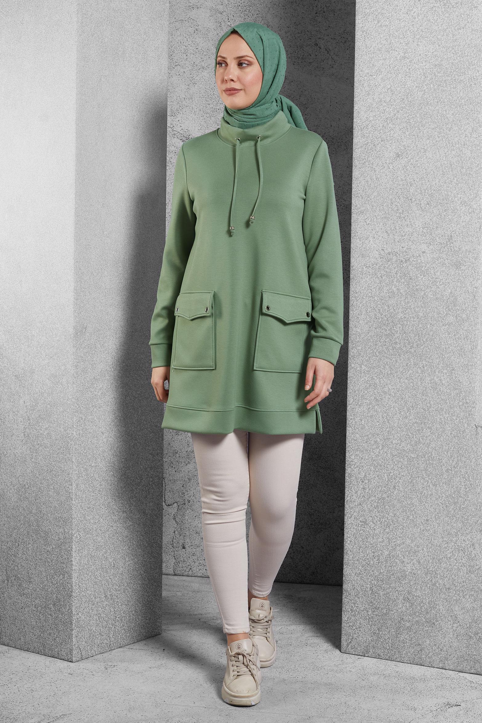 Tesettür giyim YEŞİL CEP DETAYLI EŞOFMAN TUNİK 45266   