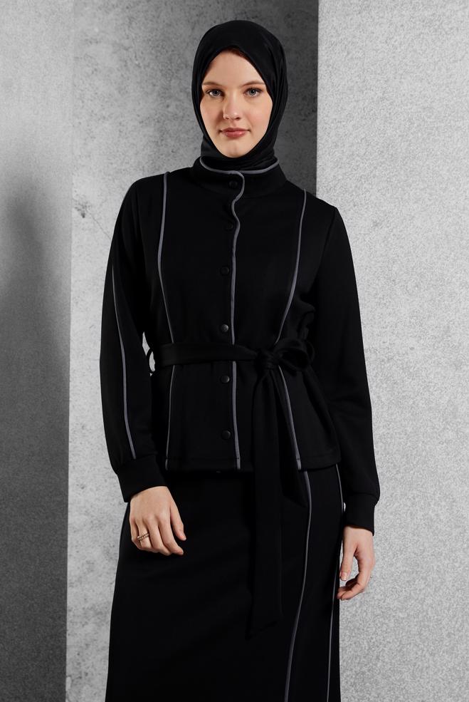Vêtements hijab NOIR ENSEMBLE SURVÊTEMENT CEINTURE ET JUPE 45269 - ALVİNA