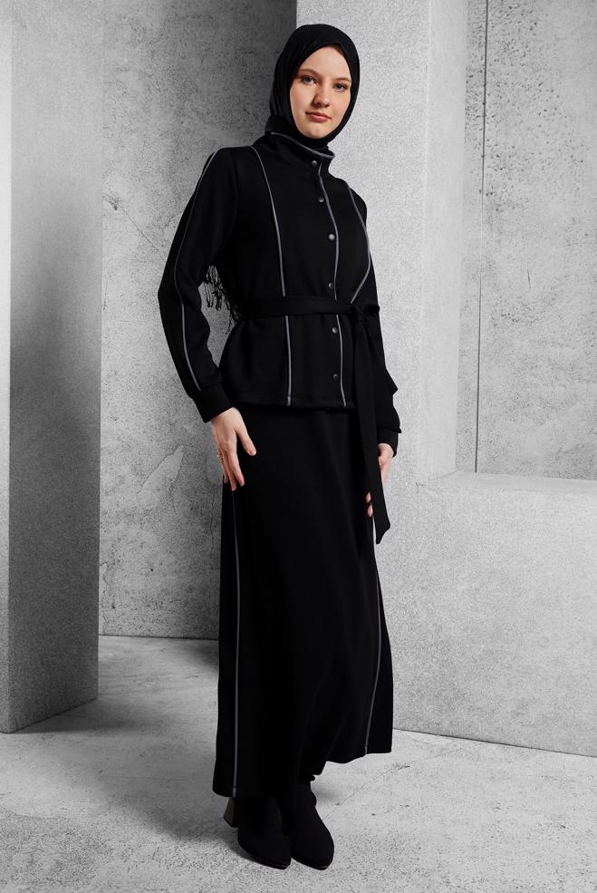 Vêtements hijab NOIR ENSEMBLE SURVÊTEMENT CEINTURE ET JUPE 45269 - ALVİNA
