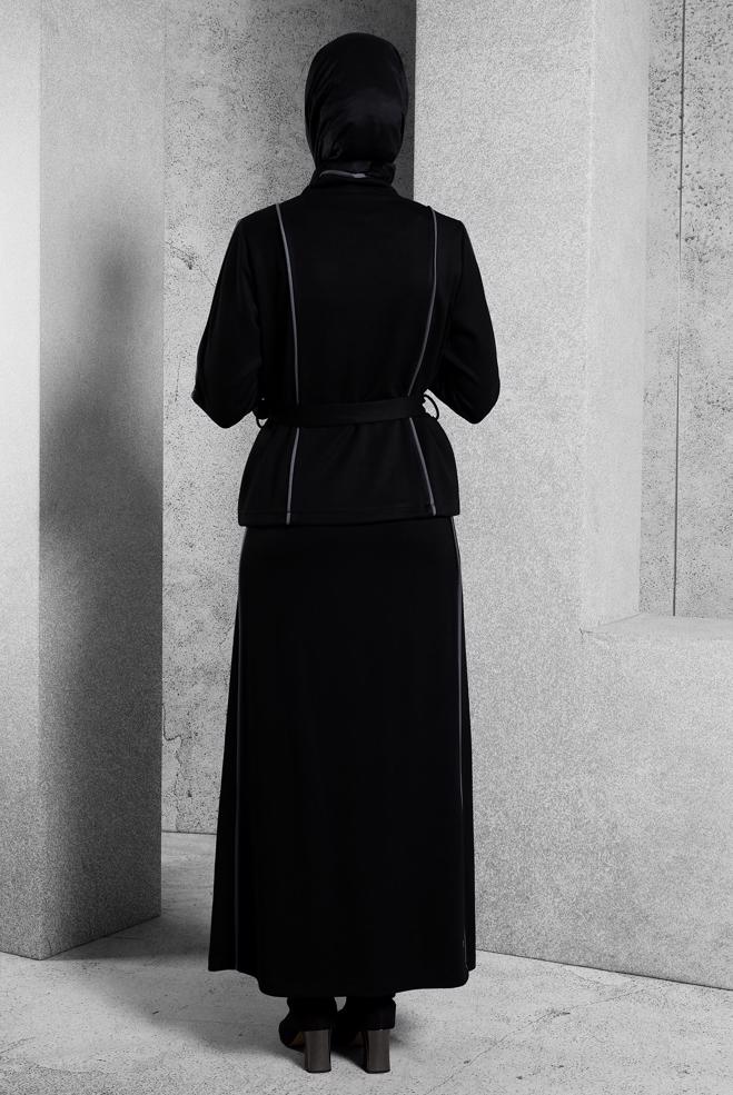 Vêtements hijab NOIR ENSEMBLE SURVÊTEMENT CEINTURE ET JUPE 45269 - ALVİNA