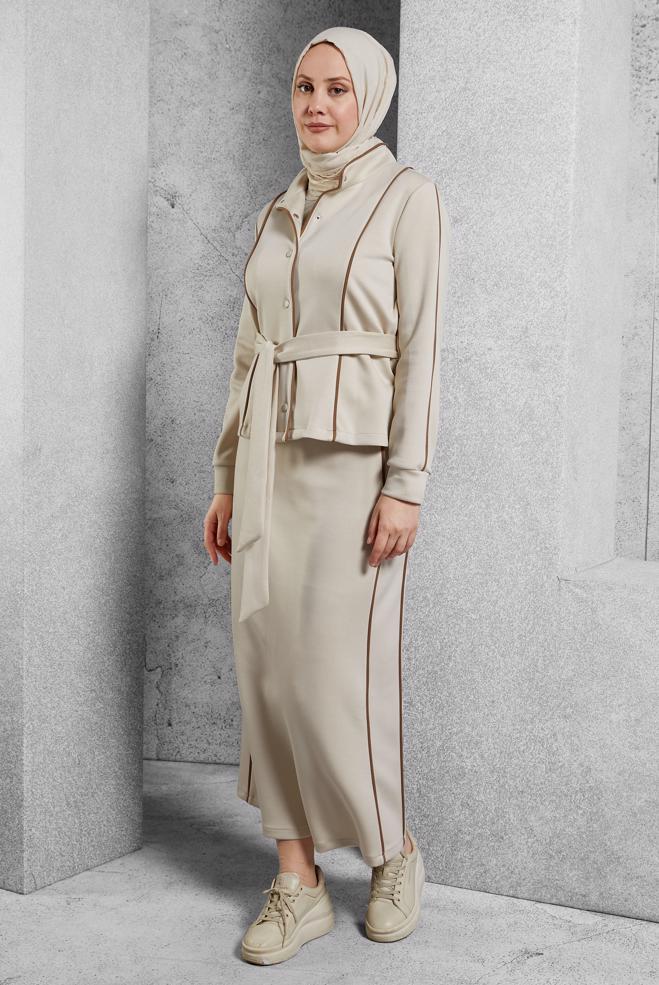 Vêtements hijab BEIGE ENSEMBLE SURVÊTEMENT CEINTURE ET JUPE 45269 - ALVİNA