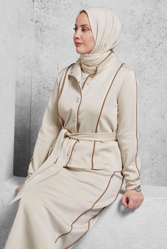 Vêtements hijab BEIGE ENSEMBLE SURVÊTEMENT CEINTURE ET JUPE 45269 - ALVİNA