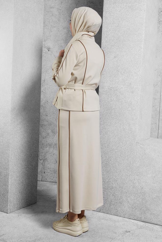 Vêtements hijab BEIGE ENSEMBLE SURVÊTEMENT CEINTURE ET JUPE 45269 - ALVİNA