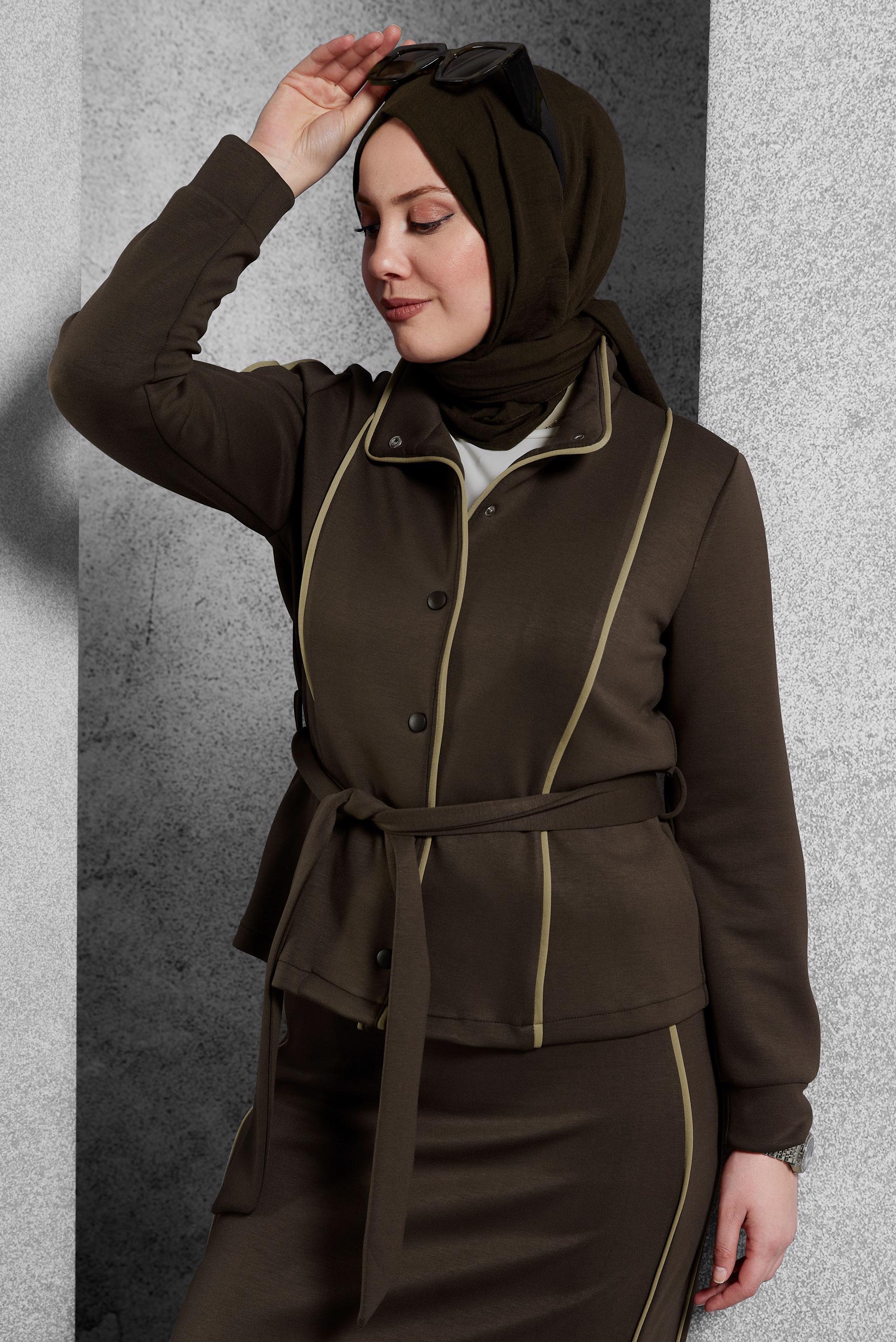 Hijab clothing BROWN BELTED TRACKSUIT SET WITH SKIRT 45269