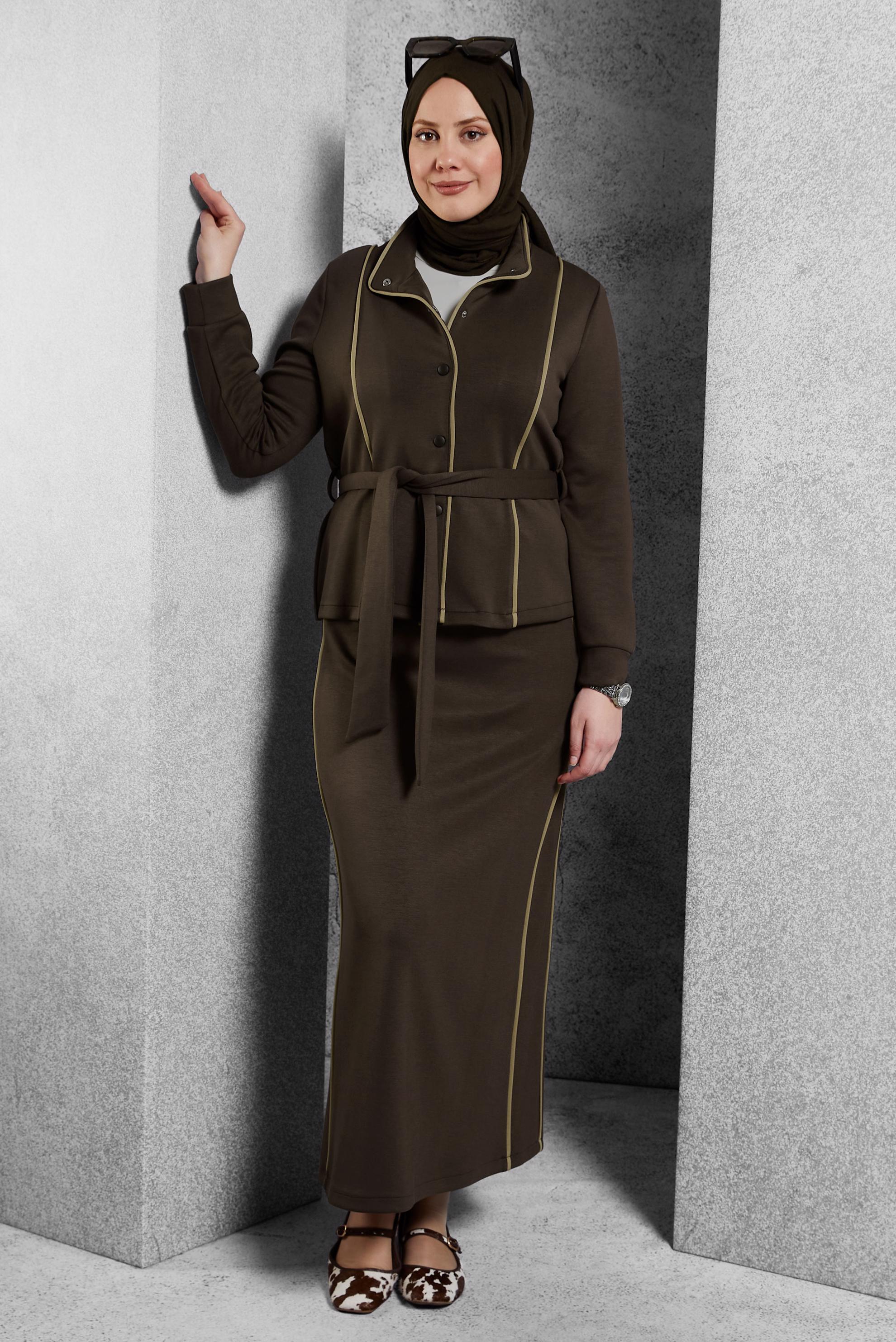 Hijab clothing BROWN BELTED TRACKSUIT SET WITH SKIRT 45269