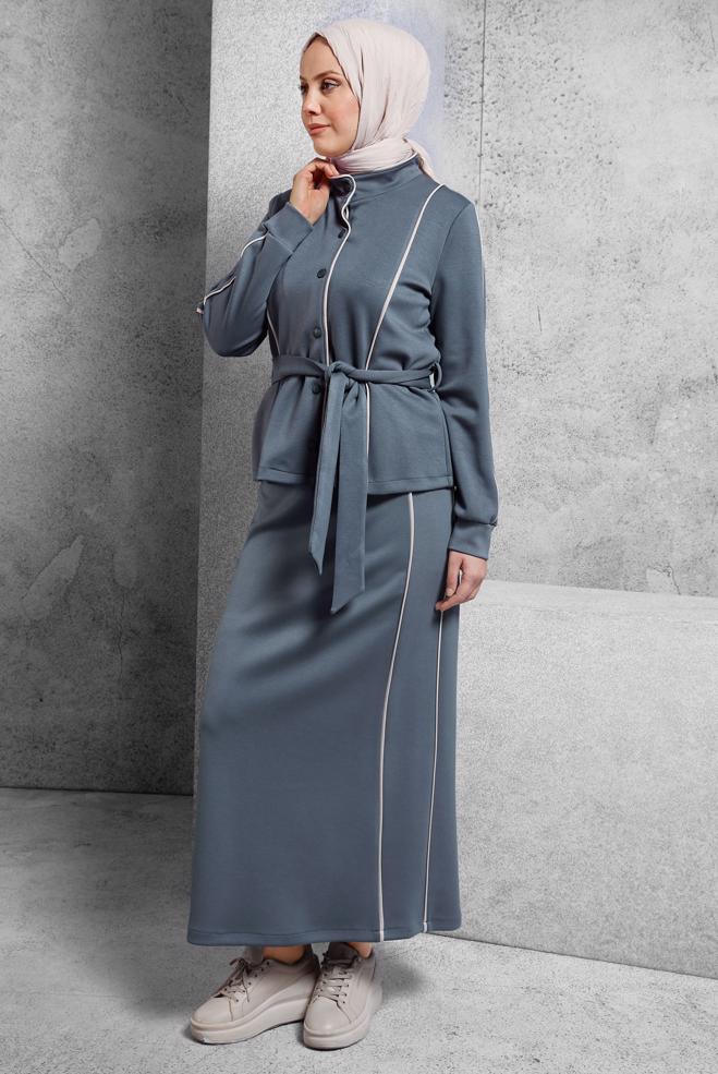 Vêtements hijab GRIS ENSEMBLE SURVÊTEMENT CEINTURE ET JUPE 45269 - ALVİNA