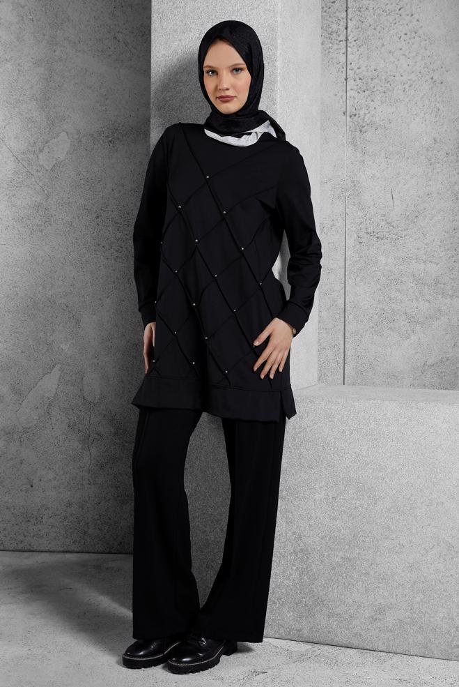 Vêtements hijab NOIR TUNIQUE DE SURVÊTEMENT AVEC BIJOU 45270 - ALVİNA