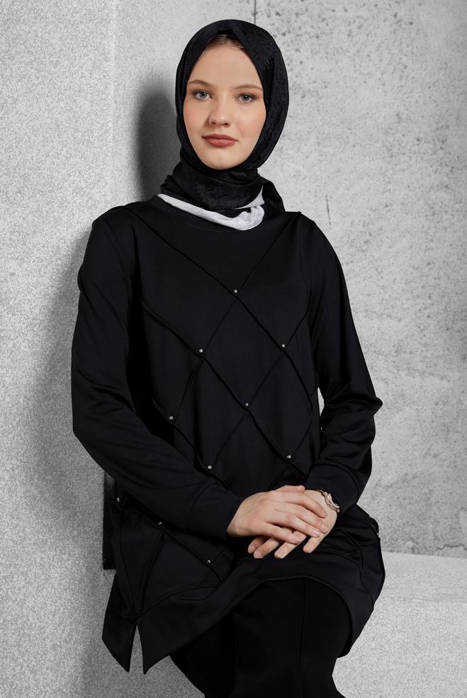 Vêtements hijab NOIR TUNIQUE DE SURVÊTEMENT AVEC BIJOU 45270 - ALVİNA