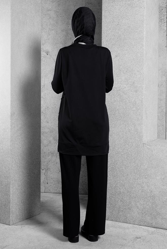 Vêtements hijab NOIR TUNIQUE DE SURVÊTEMENT AVEC BIJOU 45270 - ALVİNA
