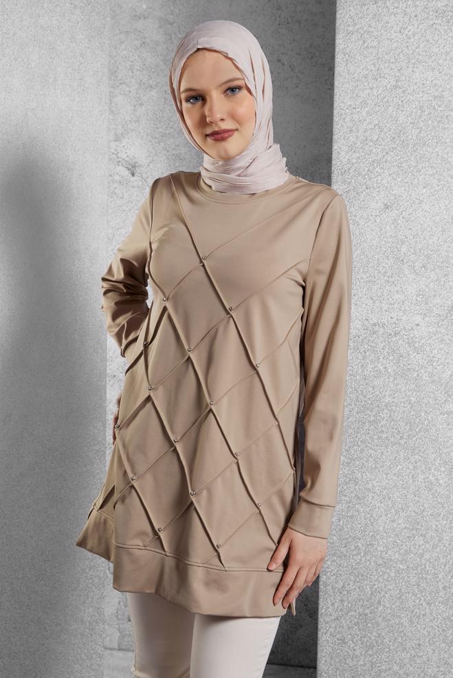 Vêtements hijab BEIGE TUNIQUE DE SURVÊTEMENT AVEC BIJOU 45270 - ALVİNA