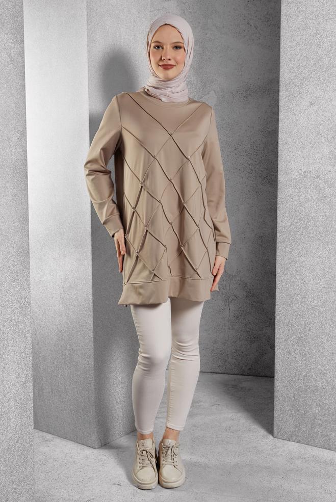 Vêtements hijab BEIGE TUNIQUE DE SURVÊTEMENT AVEC BIJOU 45270 - ALVİNA