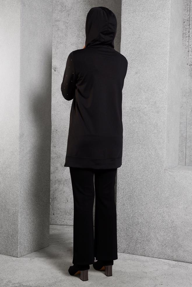 Tesettür giyim SİYAH TAŞ DETAYLI EŞOFMAN TUNİK 45272  - ALVİNA