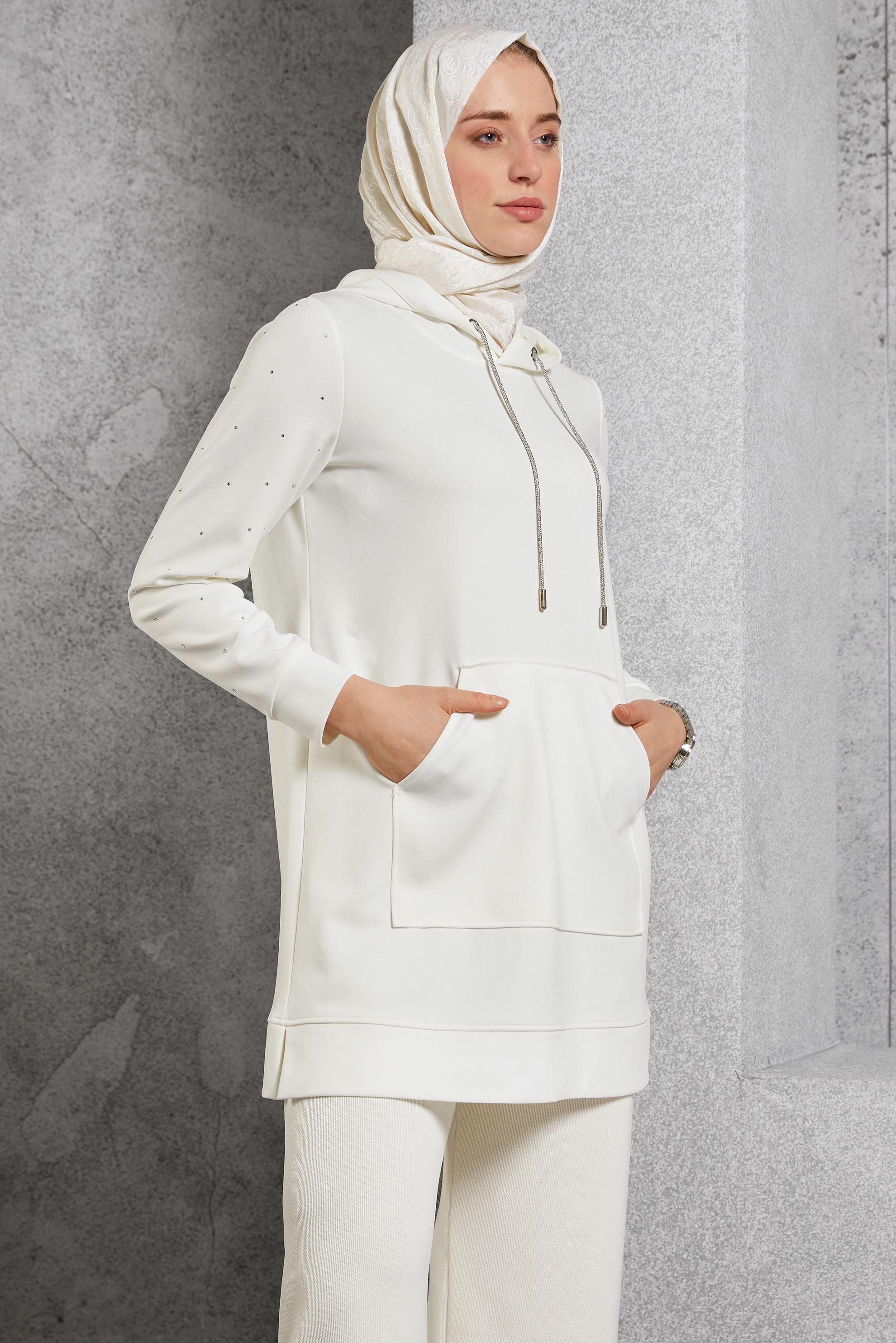 Vêtements hijab BLANC TUNIQUE DE SURVÊTEMENT À DÉTAILS DE GEMMES 45272