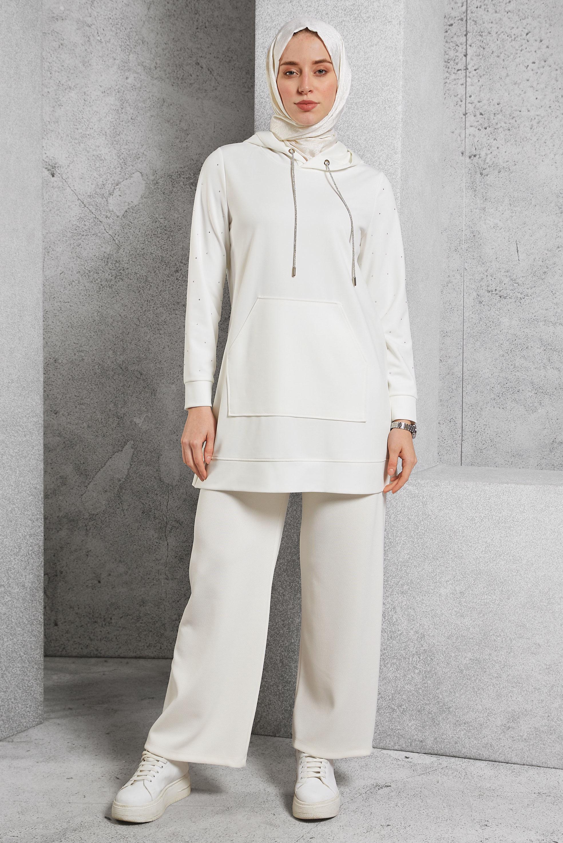 Vêtements hijab BLANC TUNIQUE DE SURVÊTEMENT À DÉTAILS DE GEMMES 45272