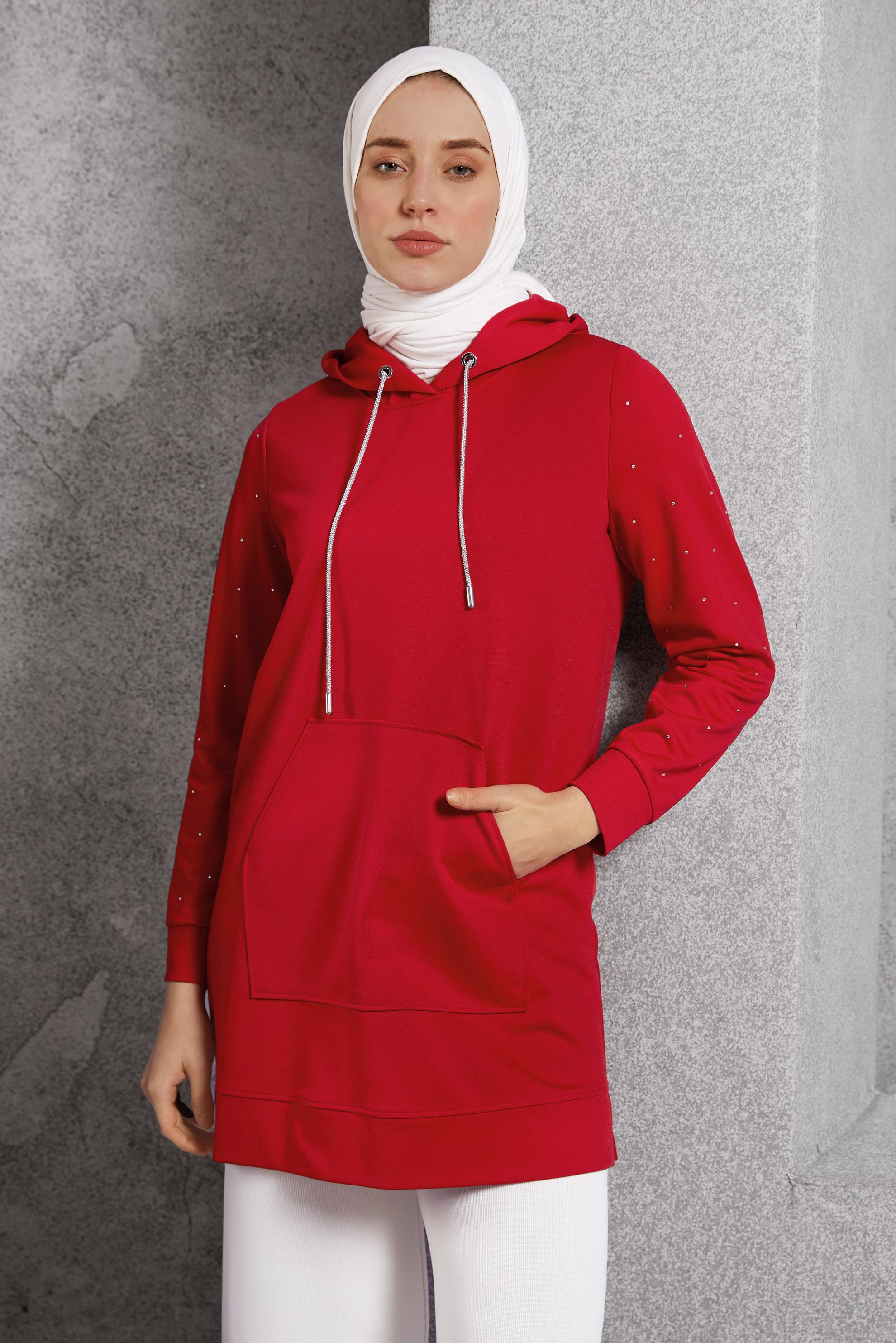 Vêtements hijab ROUGE TUNIQUE DE SURVÊTEMENT À DÉTAILS DE GEMMES 45272