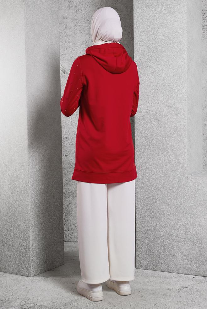Tesettür giyim KIRMIZI TAŞ DETAYLI EŞOFMAN TUNİK 45272  - ALVİNA