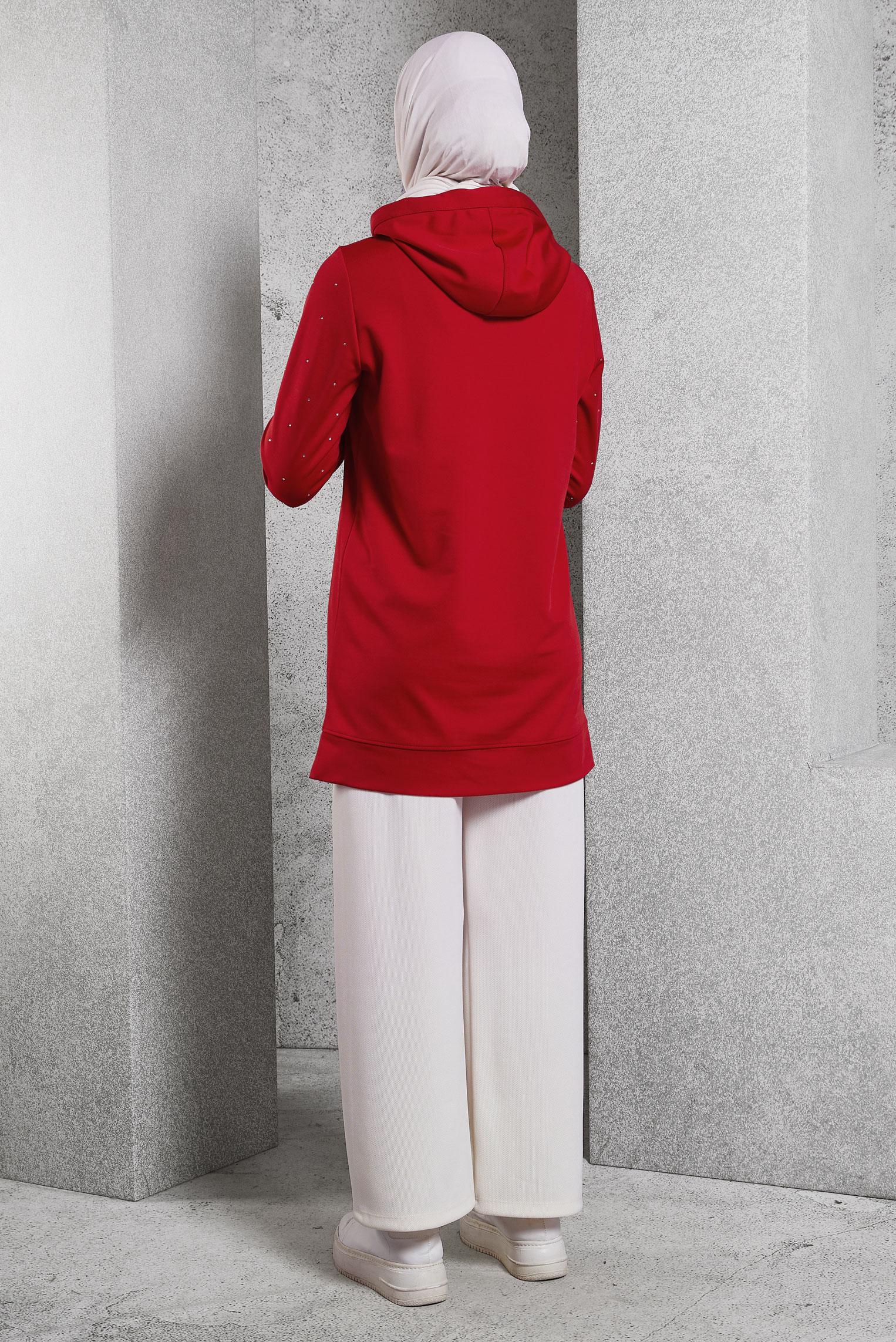 Vêtements hijab ROUGE TUNIQUE DE SURVÊTEMENT À DÉTAILS DE GEMMES 45272