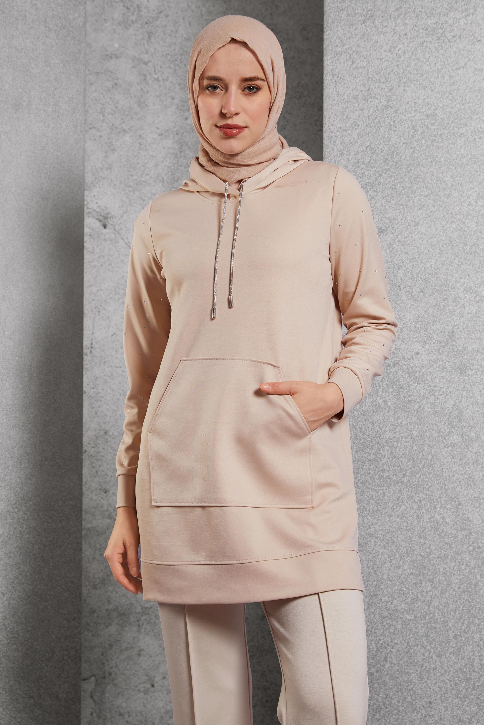 Vêtements hijab BEIGE TUNIQUE DE SURVÊTEMENT À DÉTAILS DE GEMMES 45272