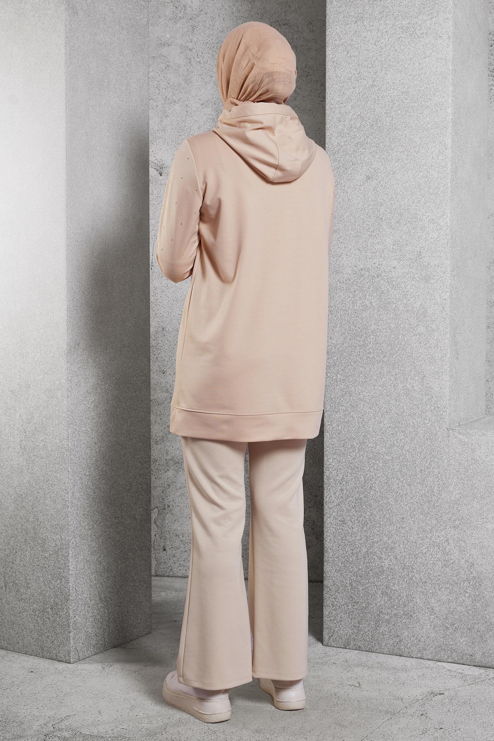Vêtements hijab BEIGE TUNIQUE DE SURVÊTEMENT À DÉTAILS DE GEMMES 45272