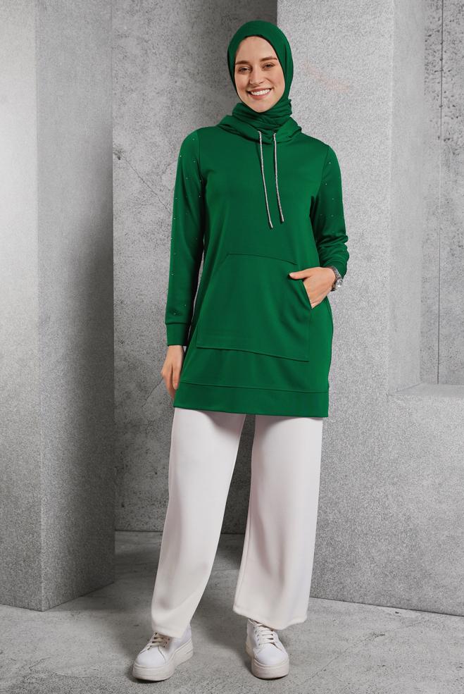 Tesettür giyim YEŞİL TAŞ DETAYLI EŞOFMAN TUNİK 45272  - ALVİNA