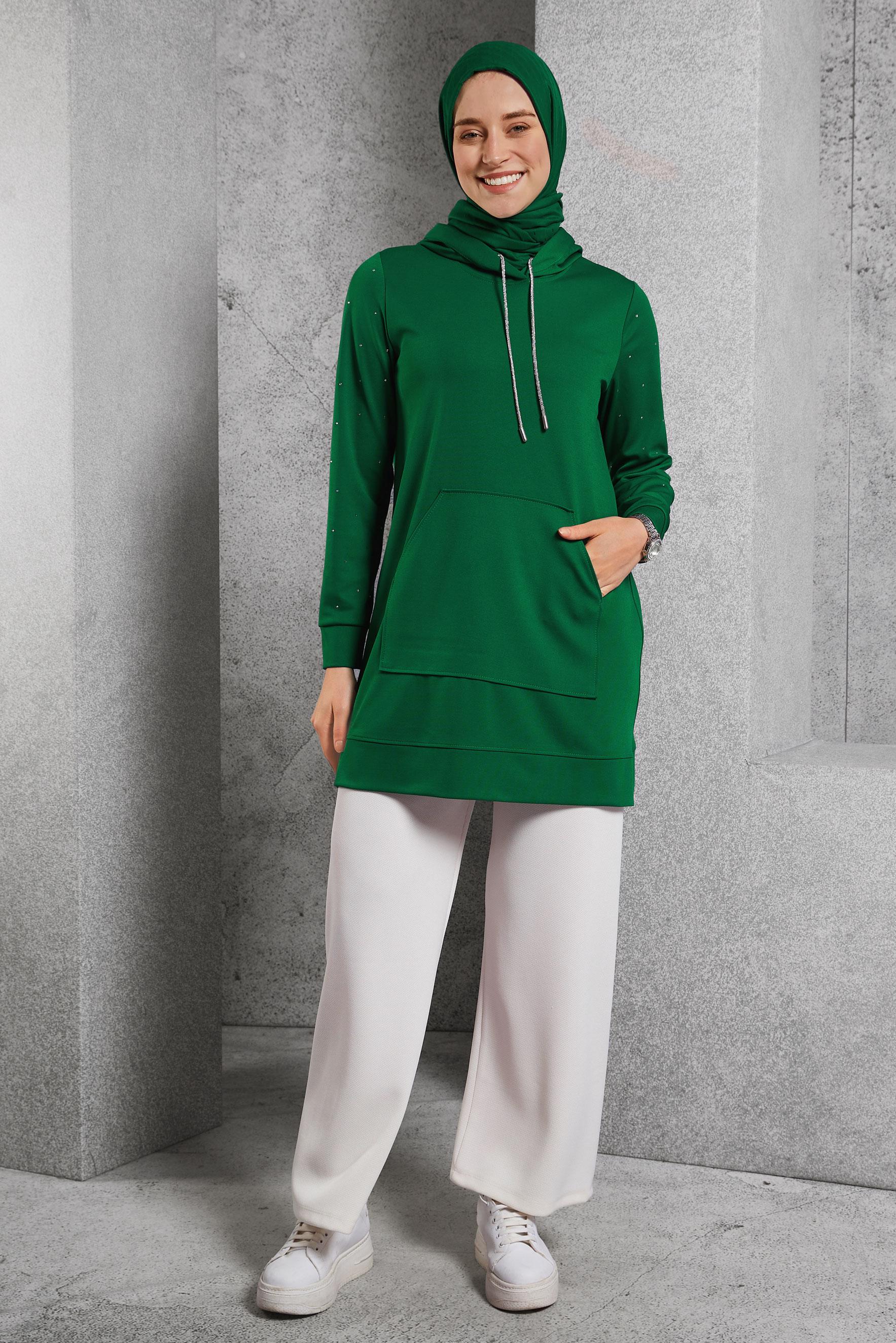 Vêtements hijab VERT TUNIQUE DE SURVÊTEMENT À DÉTAILS DE GEMMES 45272