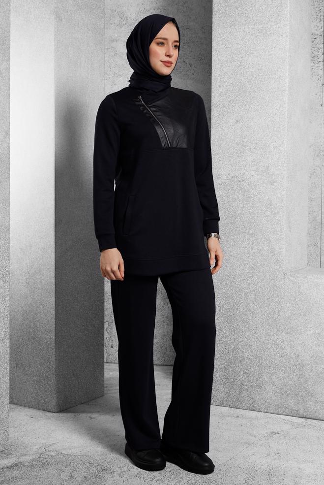 Hijab clothing BLACK TRACKSUIT SET WITH PANTS 45286 - ALVİNA