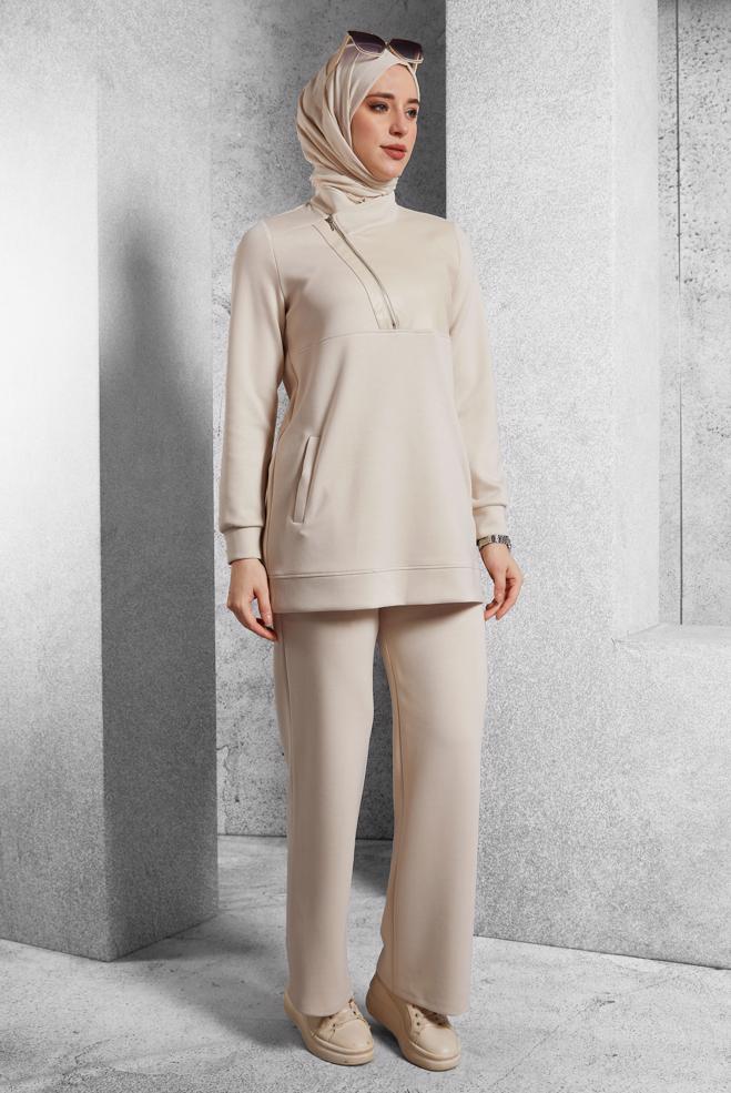 Hijab clothing BEIGE TRACKSUIT SET WITH PANTS 45286 - ALVİNA