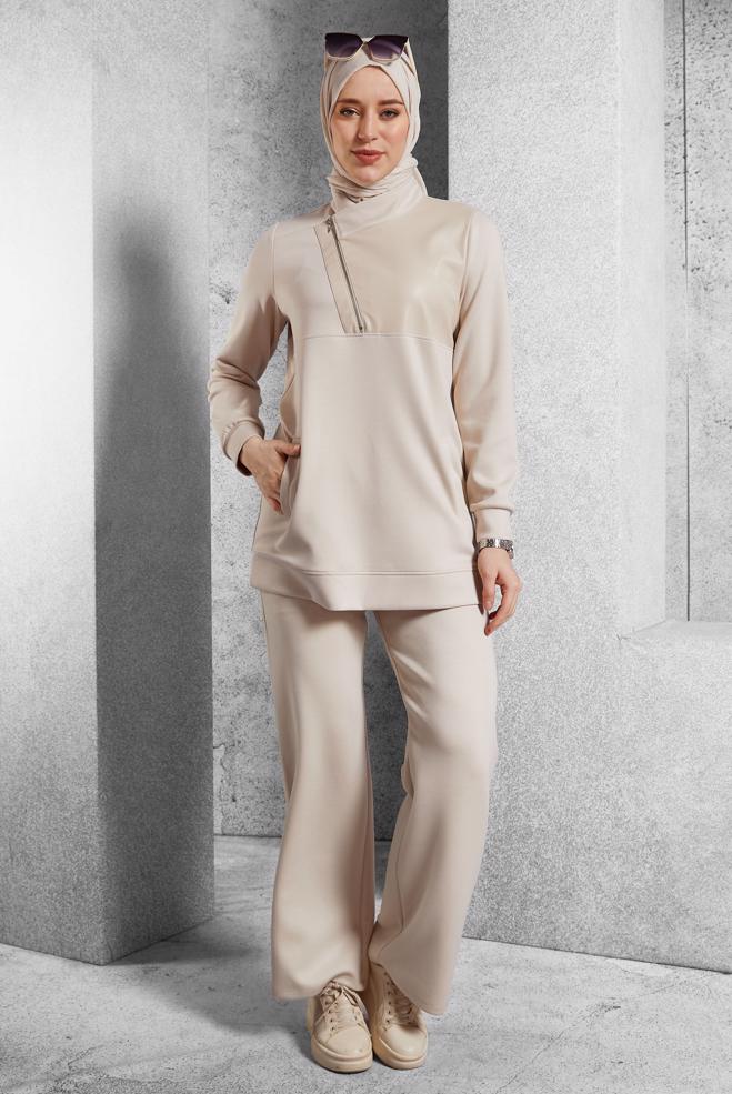 Hijab clothing BEIGE TRACKSUIT SET WITH PANTS 45286 - ALVİNA