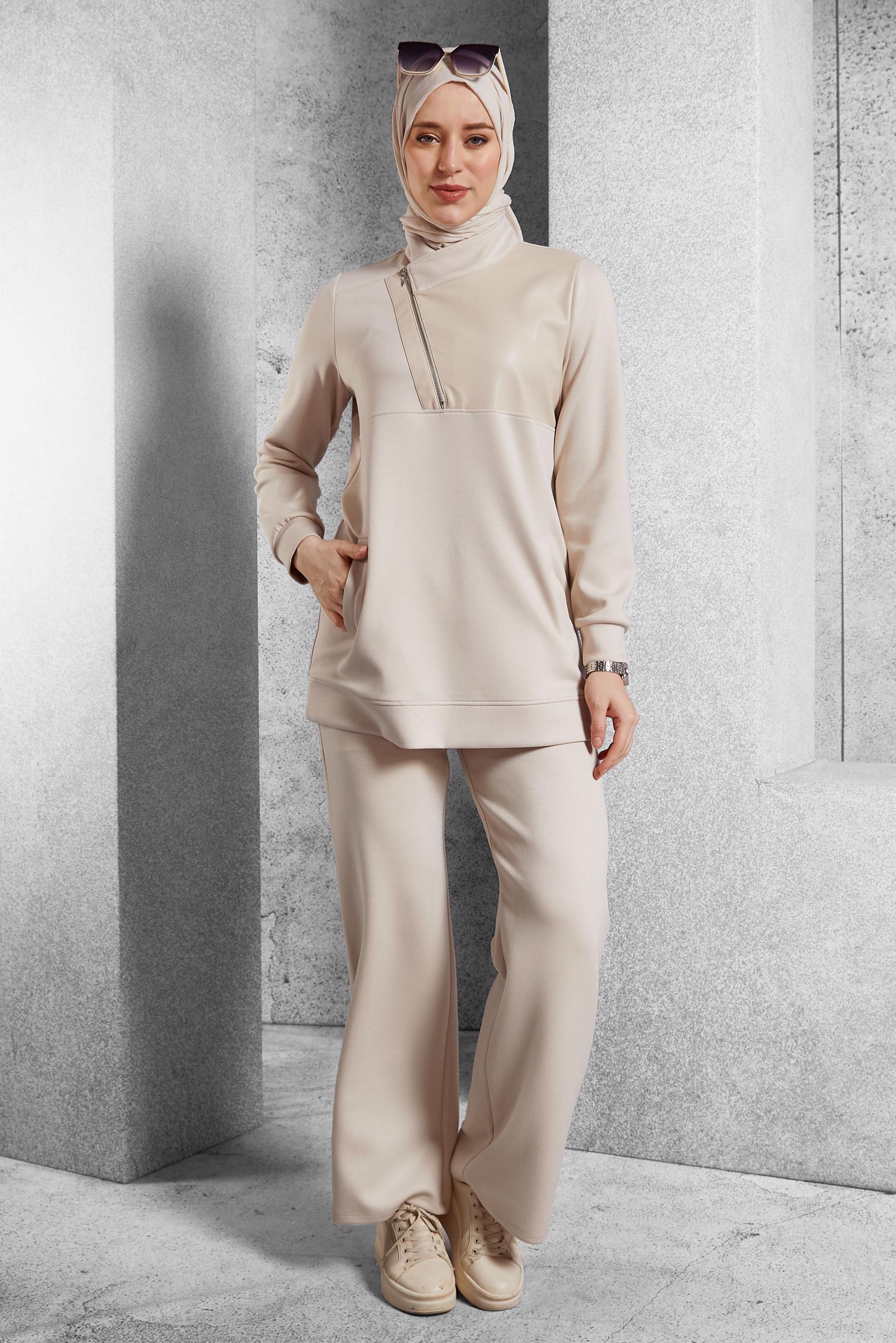 Hijab clothing BEIGE TRACKSUIT SET WITH PANTS 45286
