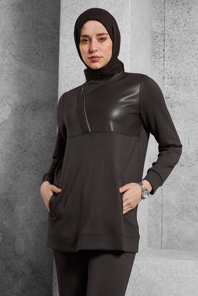 Hijab clothing BROWN TRACKSUIT SET WITH PANTS 45286 - ALVİNA