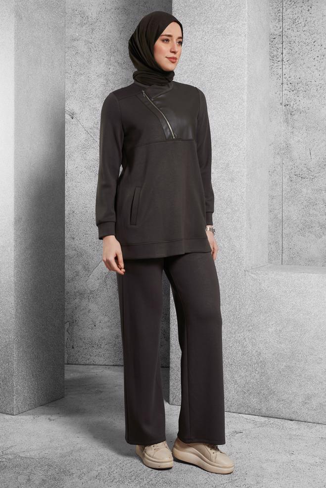 Hijab clothing BROWN TRACKSUIT SET WITH PANTS 45286 - ALVİNA