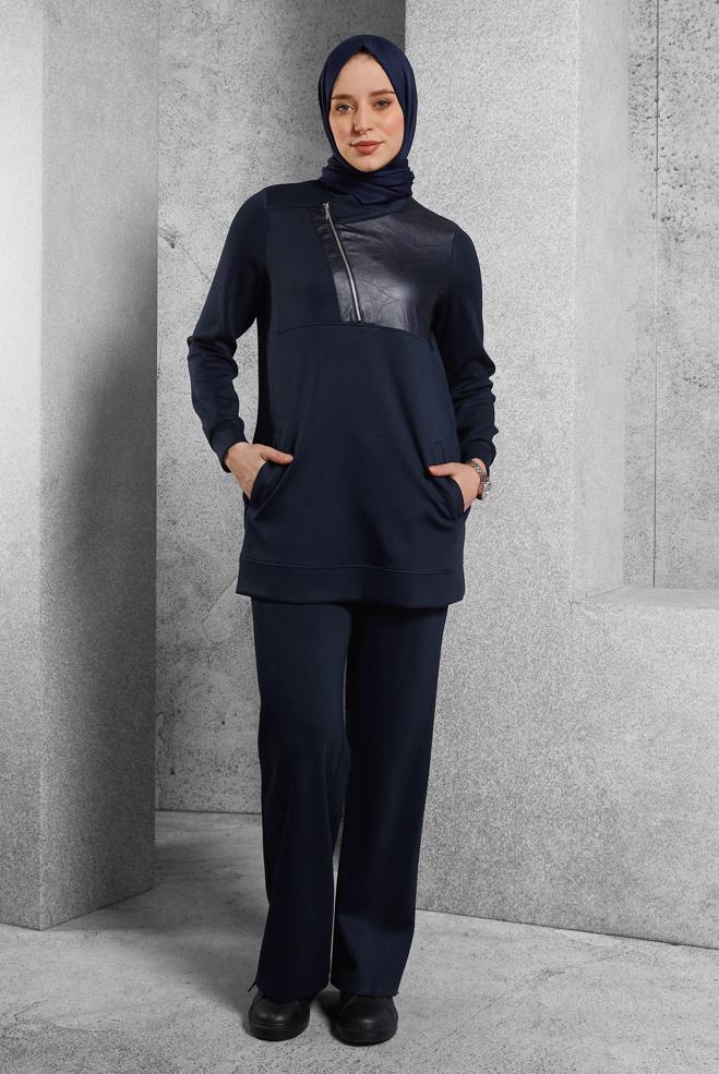 Hijab clothing NAVY BLUE TRACKSUIT SET WITH PANTS 45286 - ALVİNA