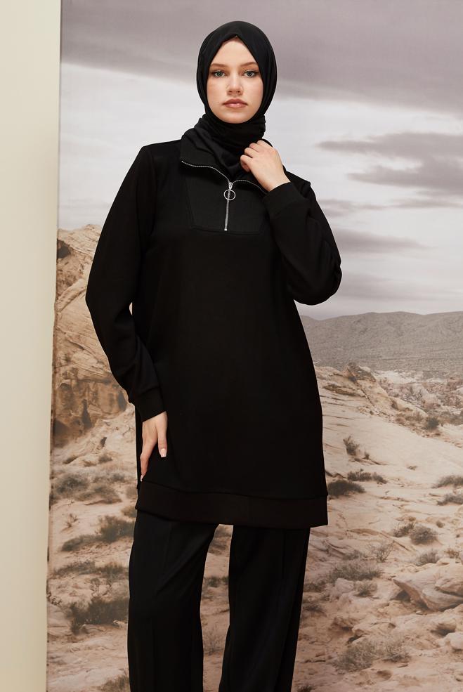 Vêtements hijab NOIR TUNIQUE DE SURVÊTEMENT À COL FERMÉ 45287 - ALVİNA