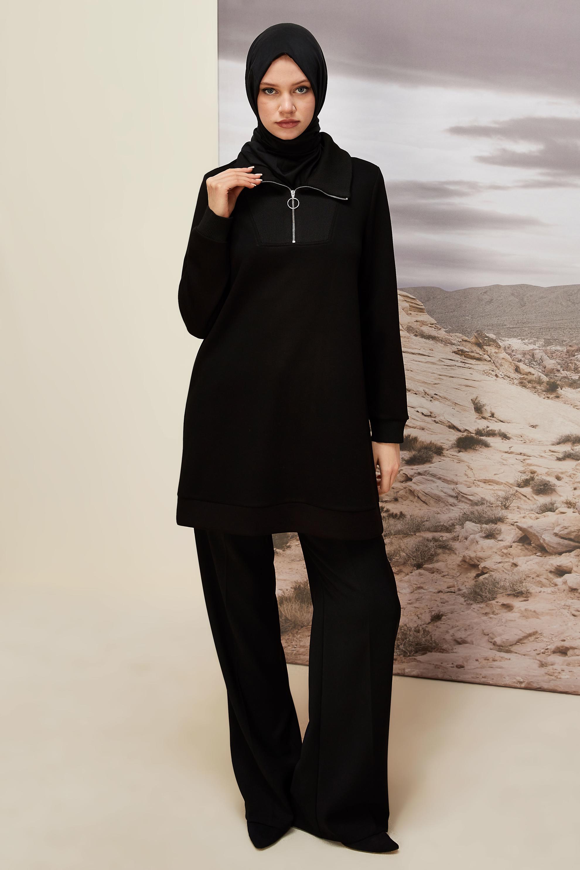 Hijab clothing BLACK ZIPPERED COLLAR TRACKSUIT TUNIC 45287