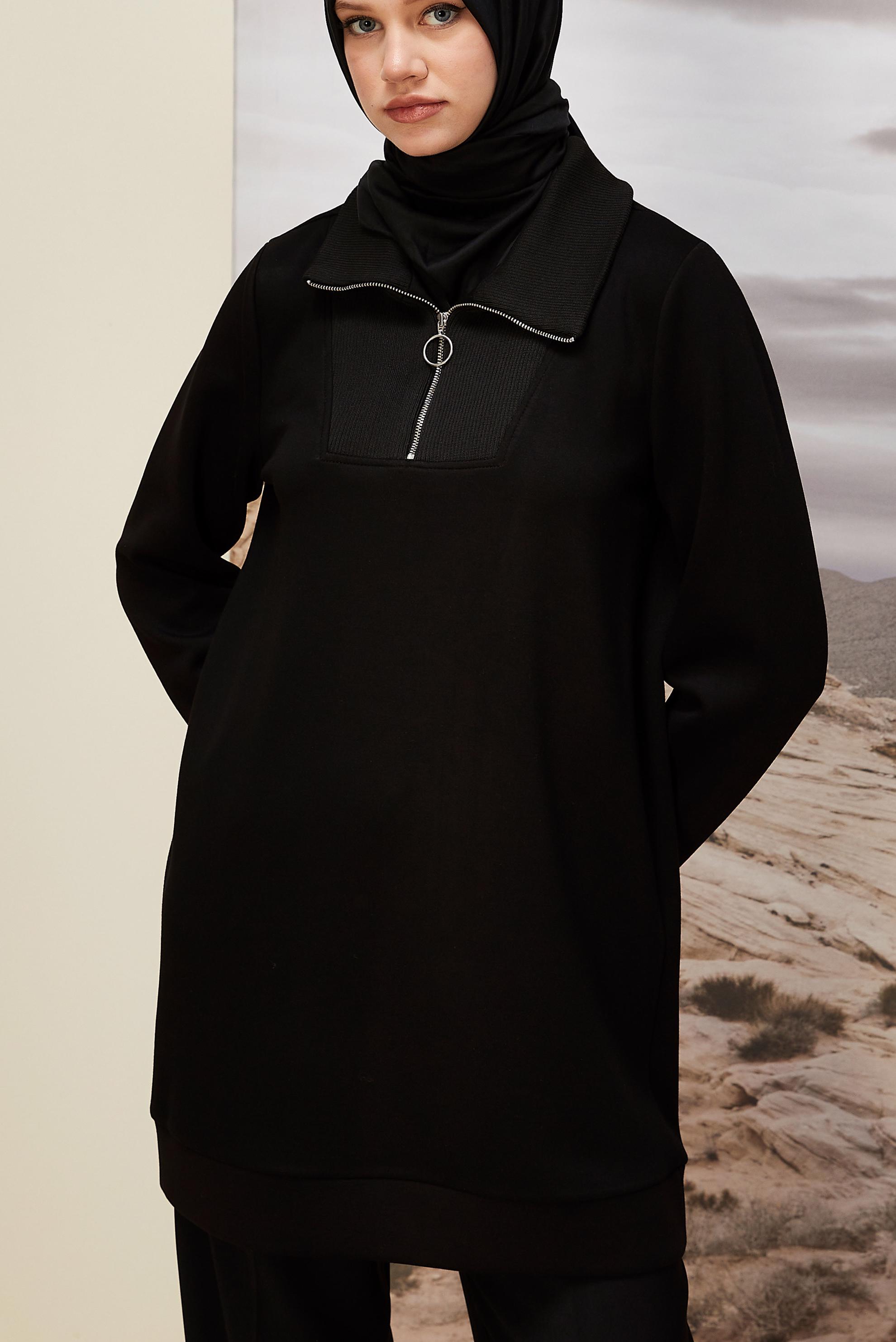 Hijab clothing BLACK ZIPPERED COLLAR TRACKSUIT TUNIC 45287